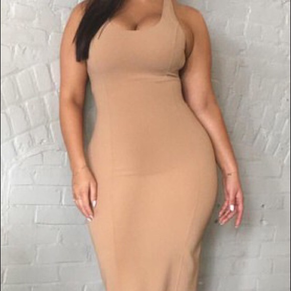 tan bodycon midi dress